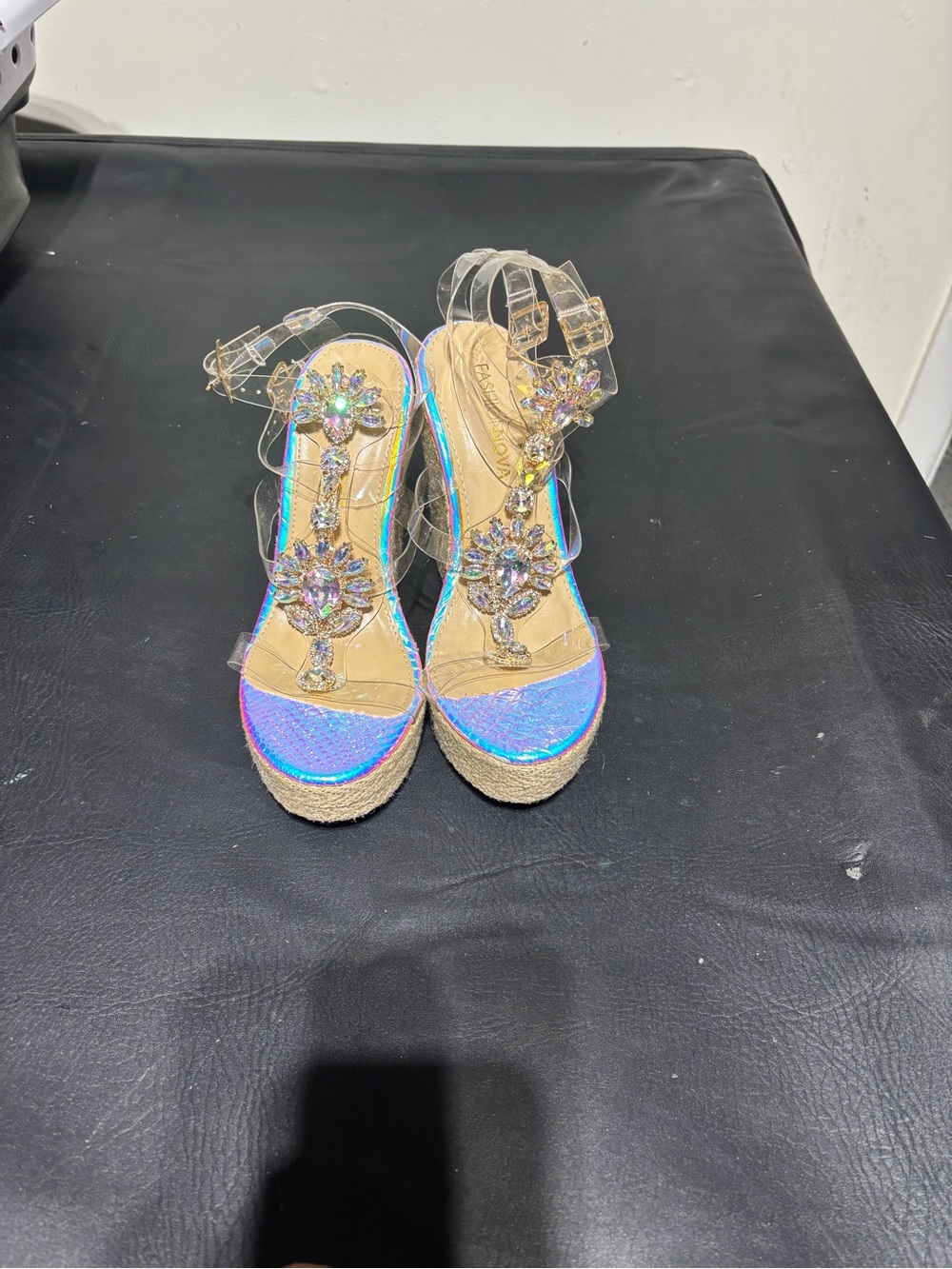 Iridescent Blue Jewel-Embellished Wedge Sandals with Clear Straps